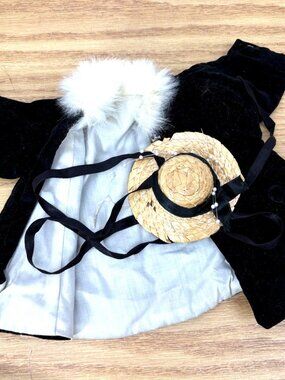 Vintage Black Velvet Doll Coat w/ White Faux Fur Collar + Straw Hat Outfit